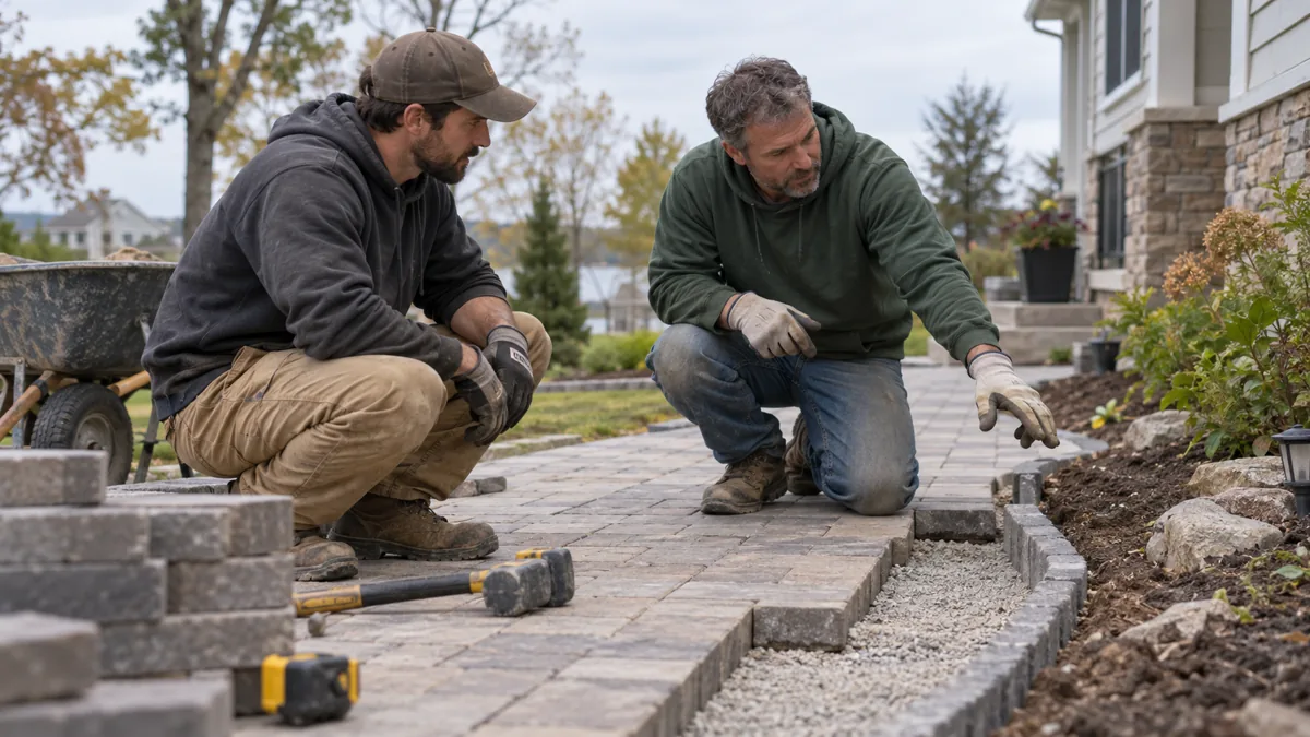 Two landscaping contractors discussing an unfinished residential paver path.