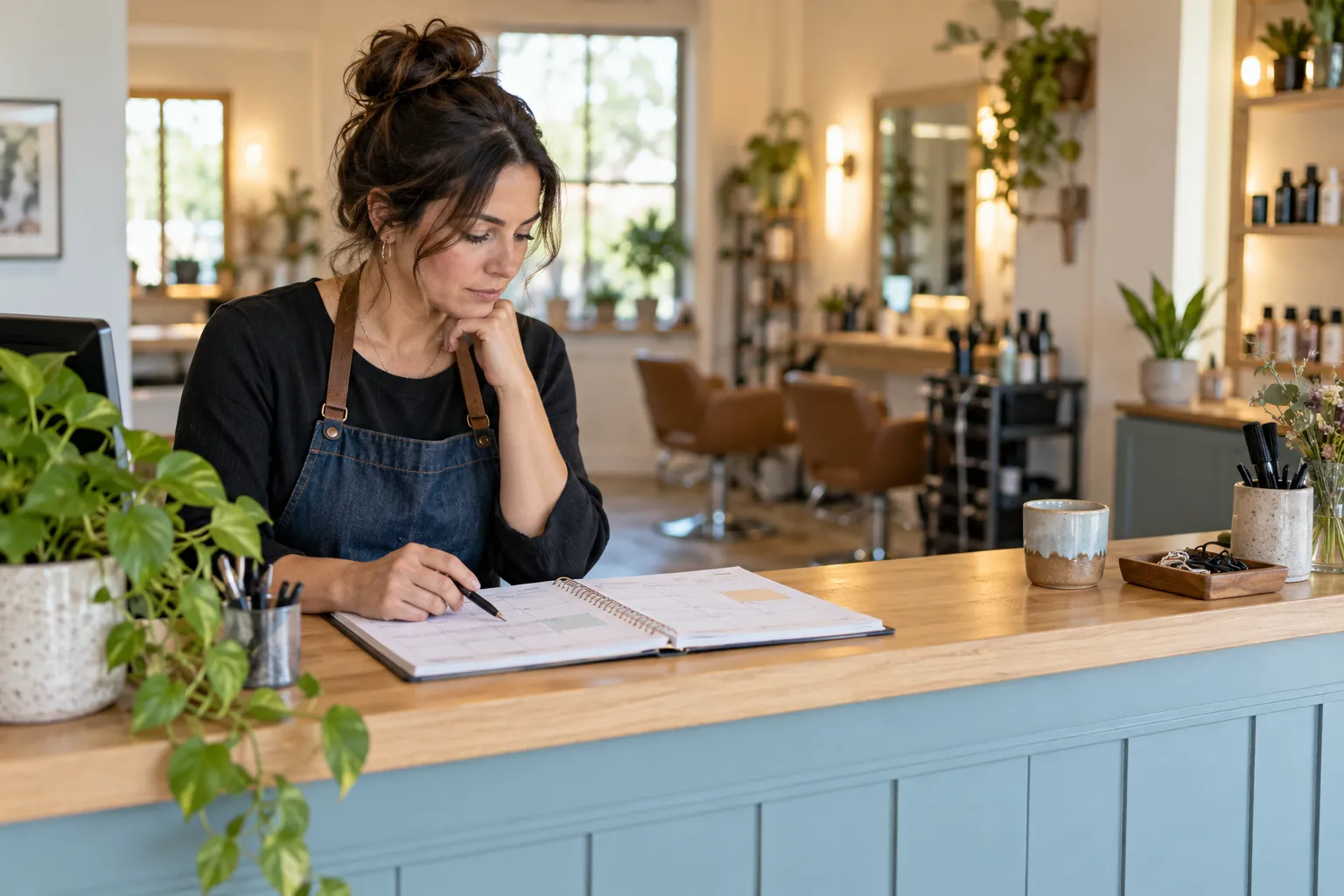 Owner checks a monthly booking calendar and revenue forecast beside a notebook