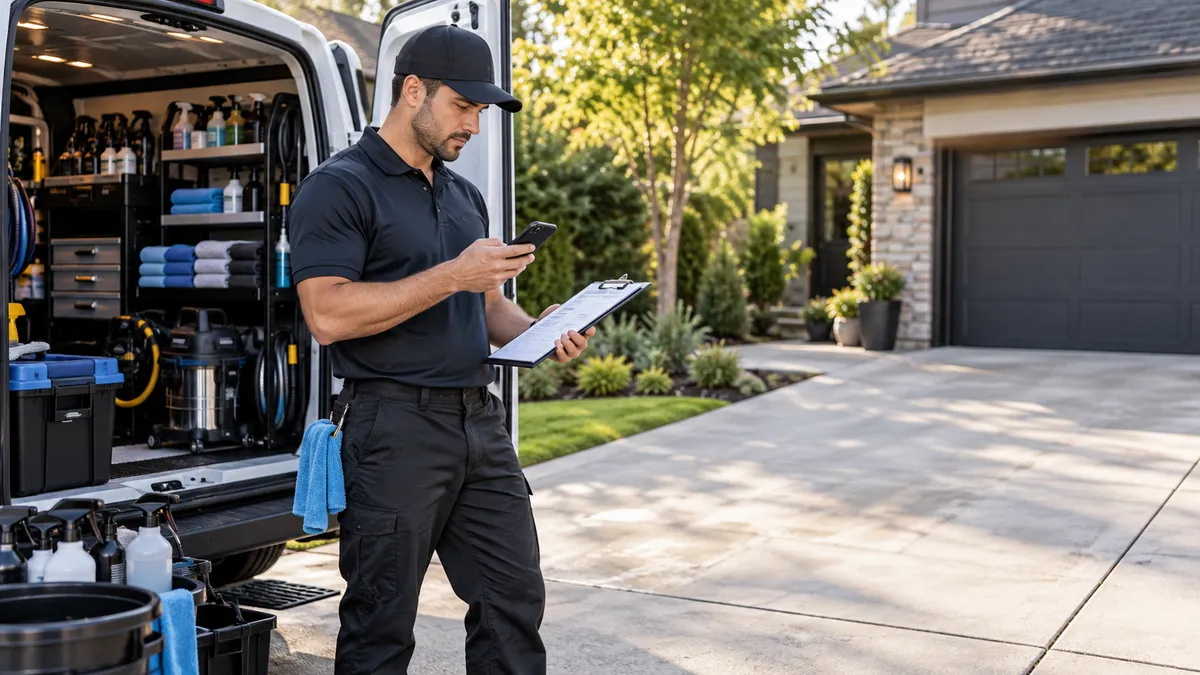 Mobile detailer checking a phone and clipboard beside a detailing van and an empty customer driveway.
