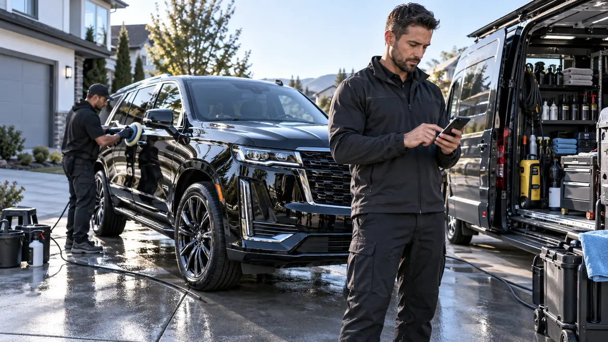 Mobile detailing business owner reviewing bookings and route profitability beside a detailing van for a break-even calculation