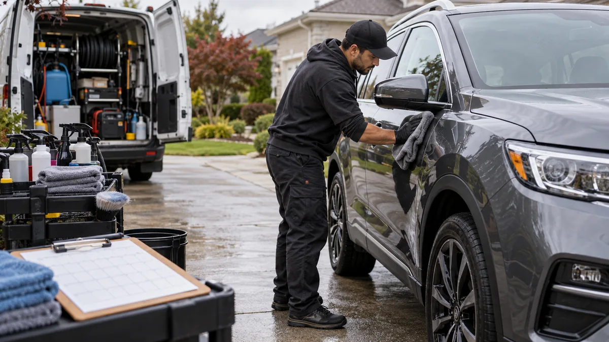 Mobile detailer cleans a vehicle beside a stocked service van with a visit calendar nearby
