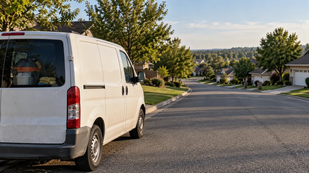 Unbranded mobile detailing van parked beside a suburban road extending toward homes.