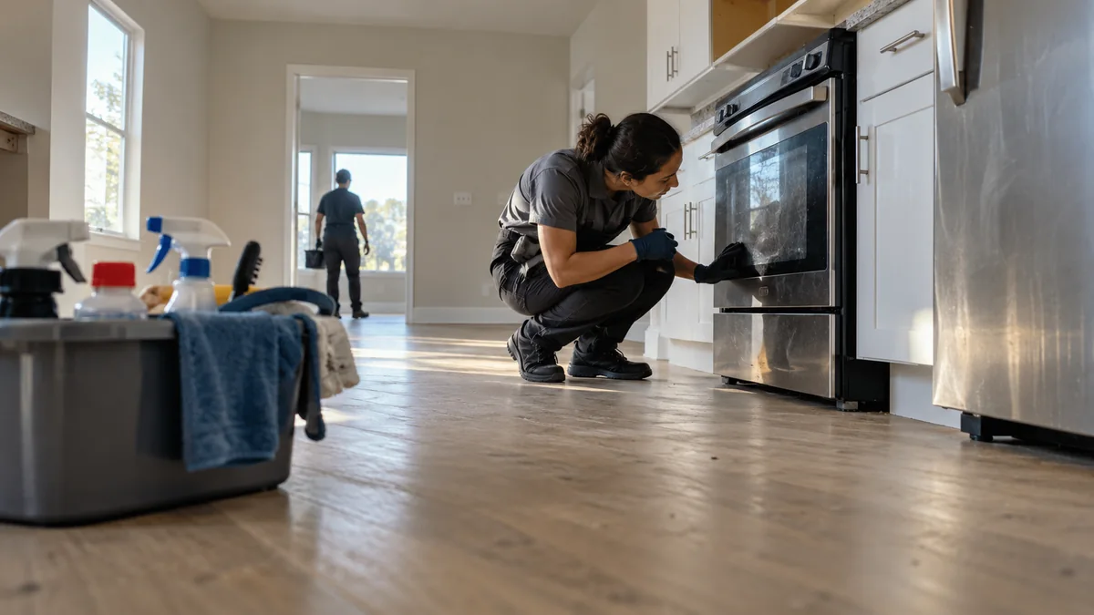Cleaner inspecting an oven in an empty rental apartment, with cleaning supplies in the foreground.