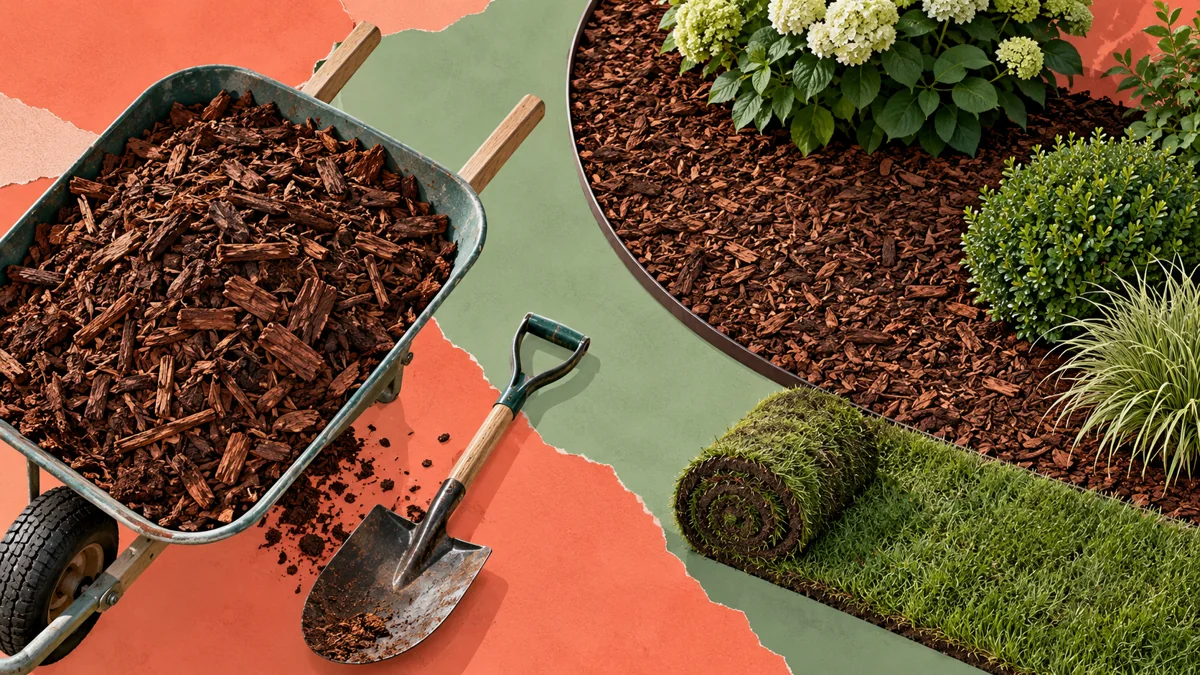 Tactile collage of mulch in a wheelbarrow, a garden bed and a shovel on coral and sage paper.