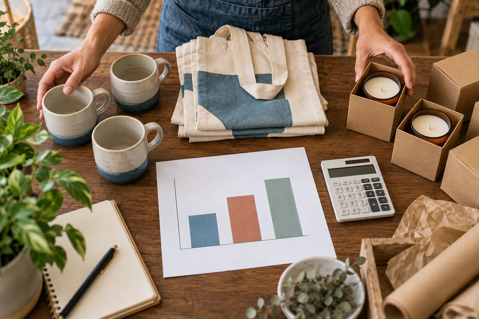 Small shop owner comparing three products and a sales worksheet at a worktable