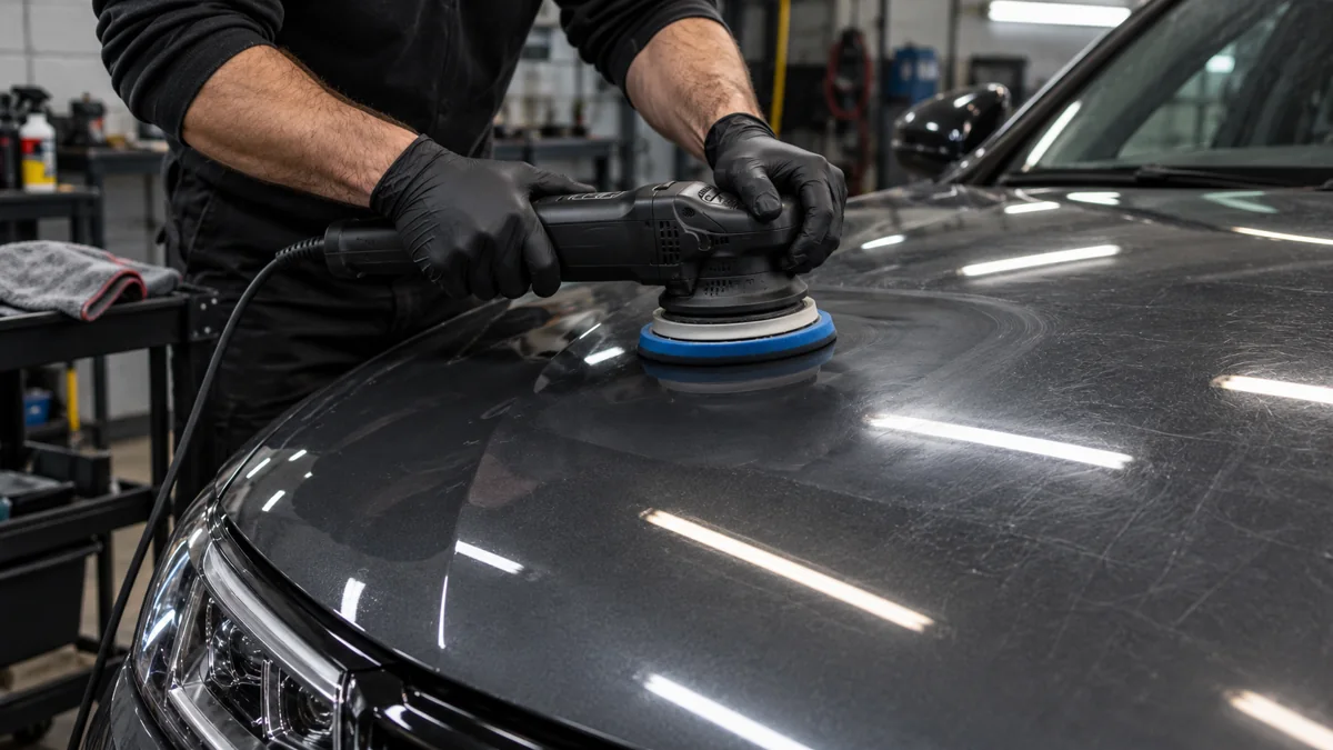 Detailer using a polisher on a gray car hood with visible workshop light reflections.
