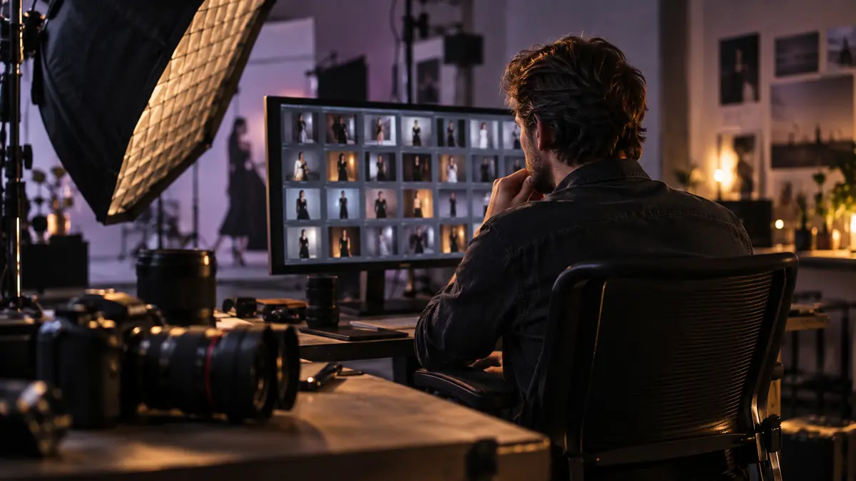 Professional photographer reviewing session pricing and booking capacity in a photography studio for a break-even calculation