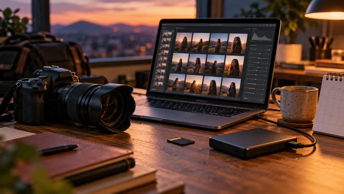 Camera and laptop with an editing workspace show photography work after a session