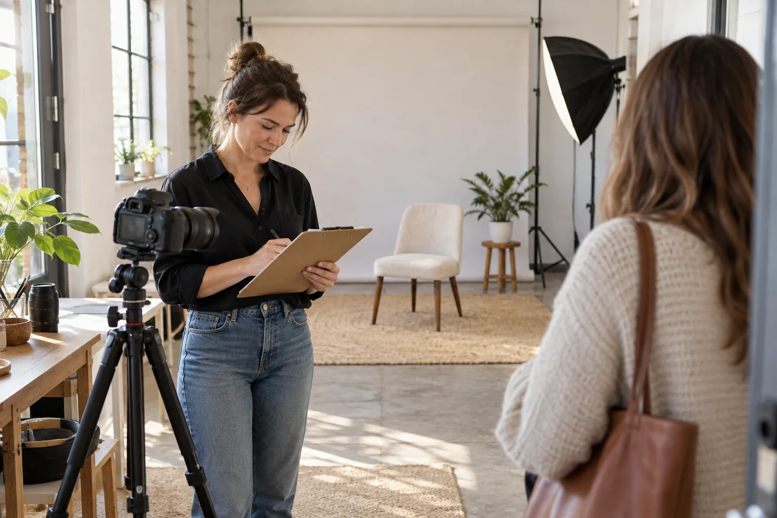 Portrait photographer reviews an appointment clipboard in a small daylight studio