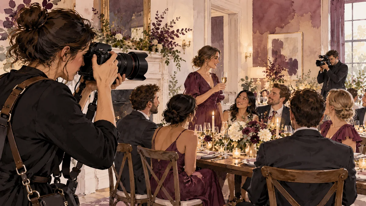Watercolor scene of two photographers covering different views of a small indoor celebration.