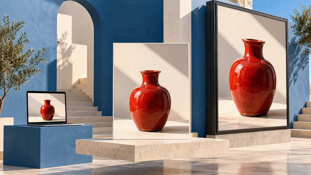 Concept showing a red-vase image repeated on a laptop, photographic print and large poster panel.