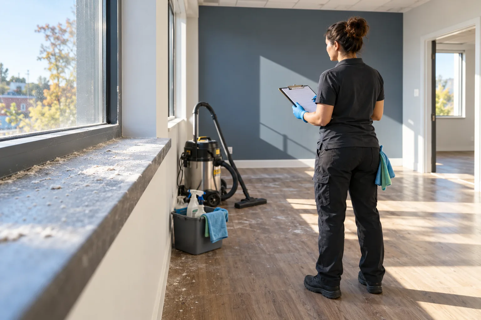 Professional cleaner planning work in a dusty newly renovated office with a vacuum nearby