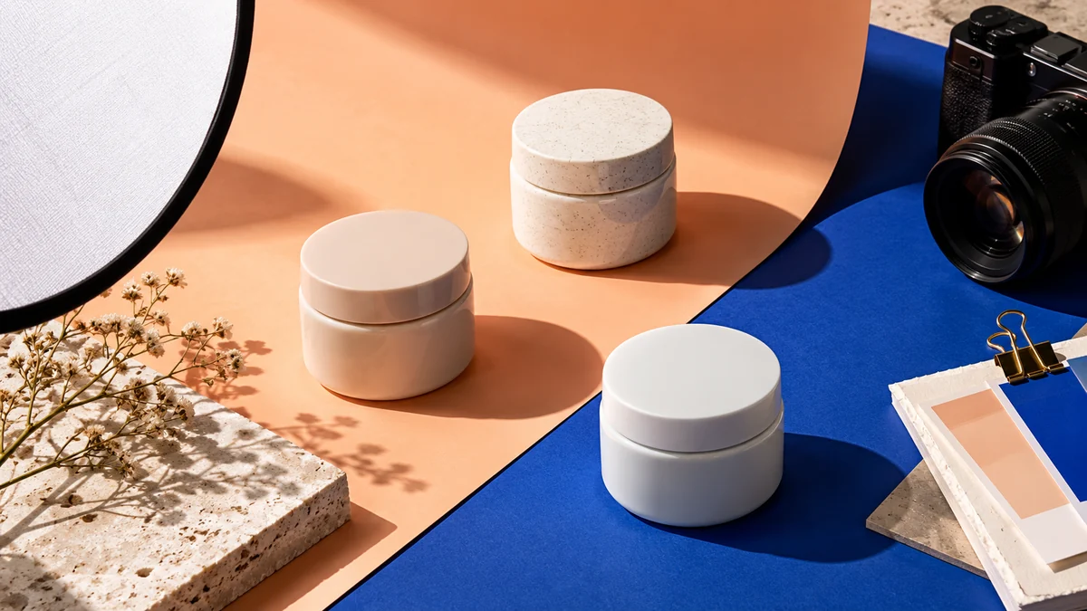 Unbranded ceramic jars, a camera and reflector on peach and blue photography backdrops.