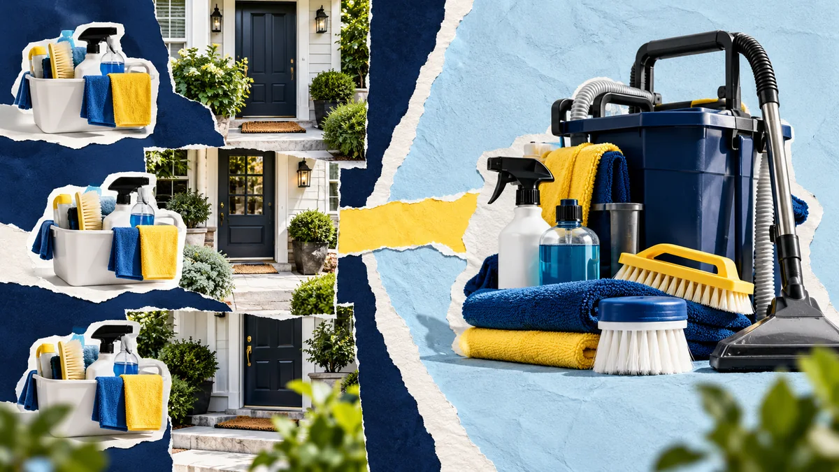 Photographic collage comparing repeated small cleaning kits with one larger deep-clean equipment set.