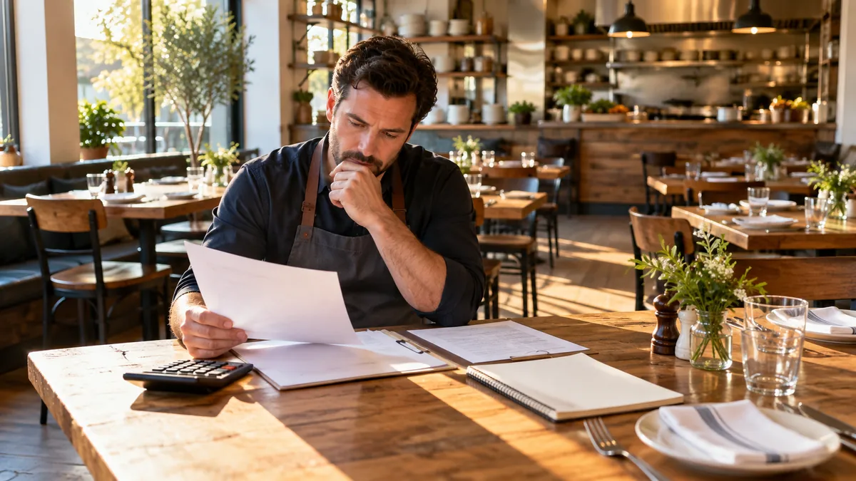 Restaurant owner reviews monthly expense records and a calculator before service