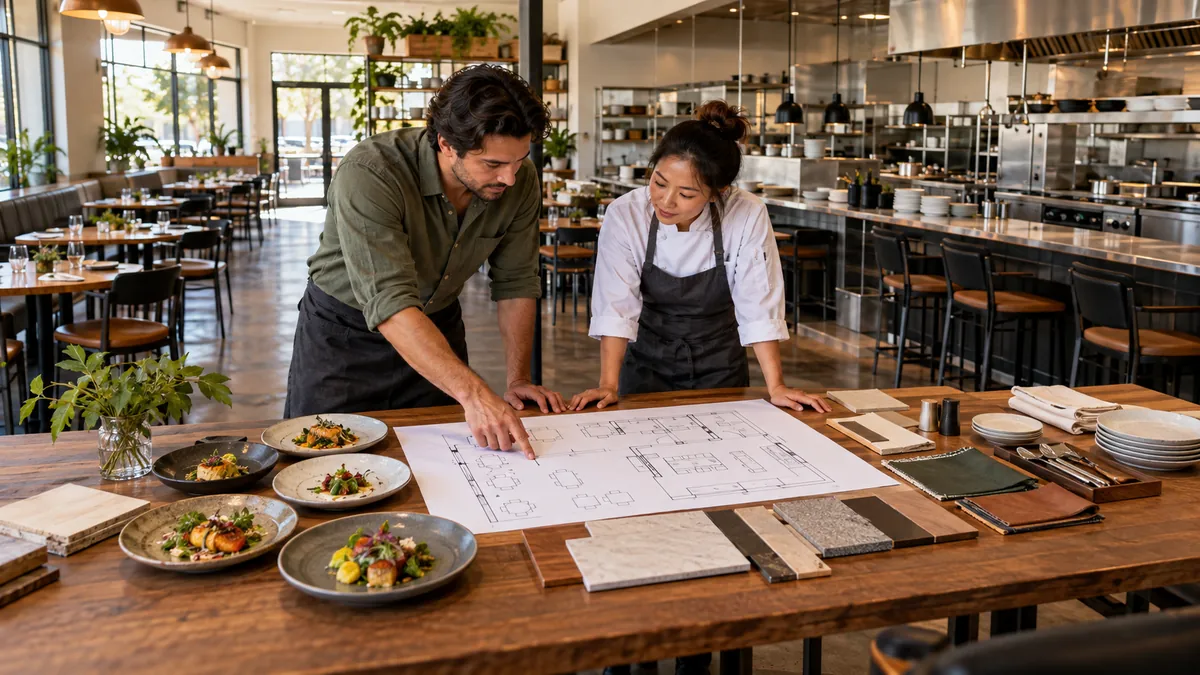 Restaurant owner and chef review a proposed dining room floor plan together