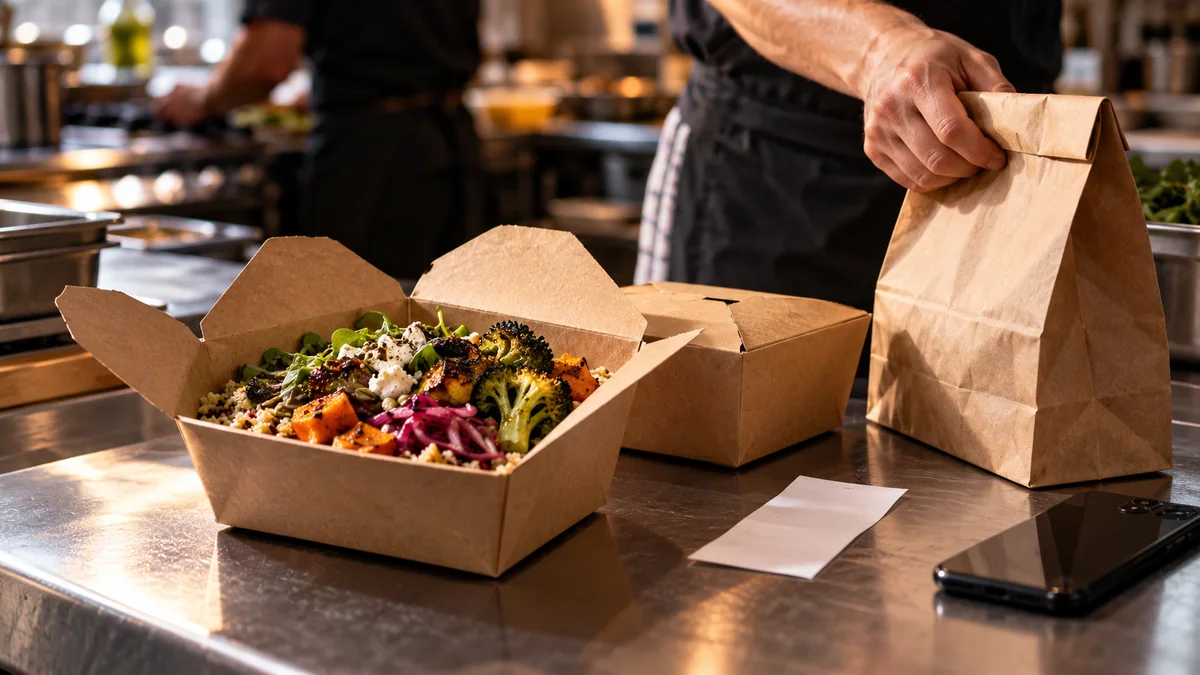 Takeaway meal and kraft packaging on a restaurant counter beside a phone and blank receipt.