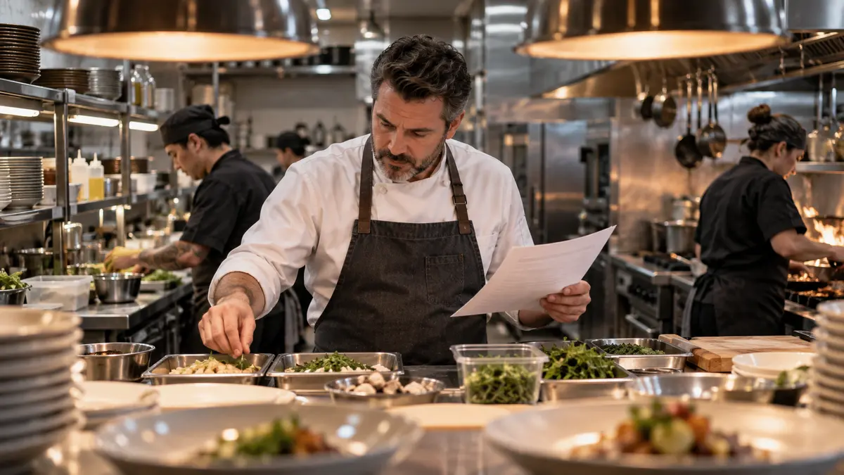 Restaurant owner reviewing food costs, order volume and break-even revenue before service for a break-even calculation