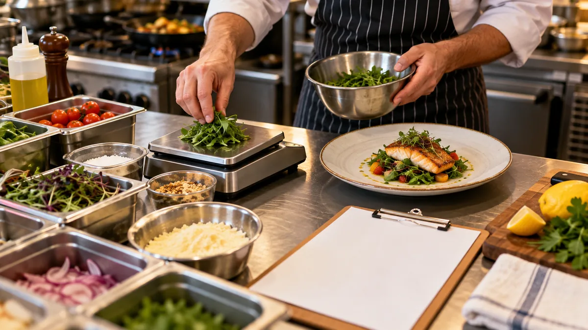 Chef weighs ingredients beside a prepared restaurant dish and inventory clipboard