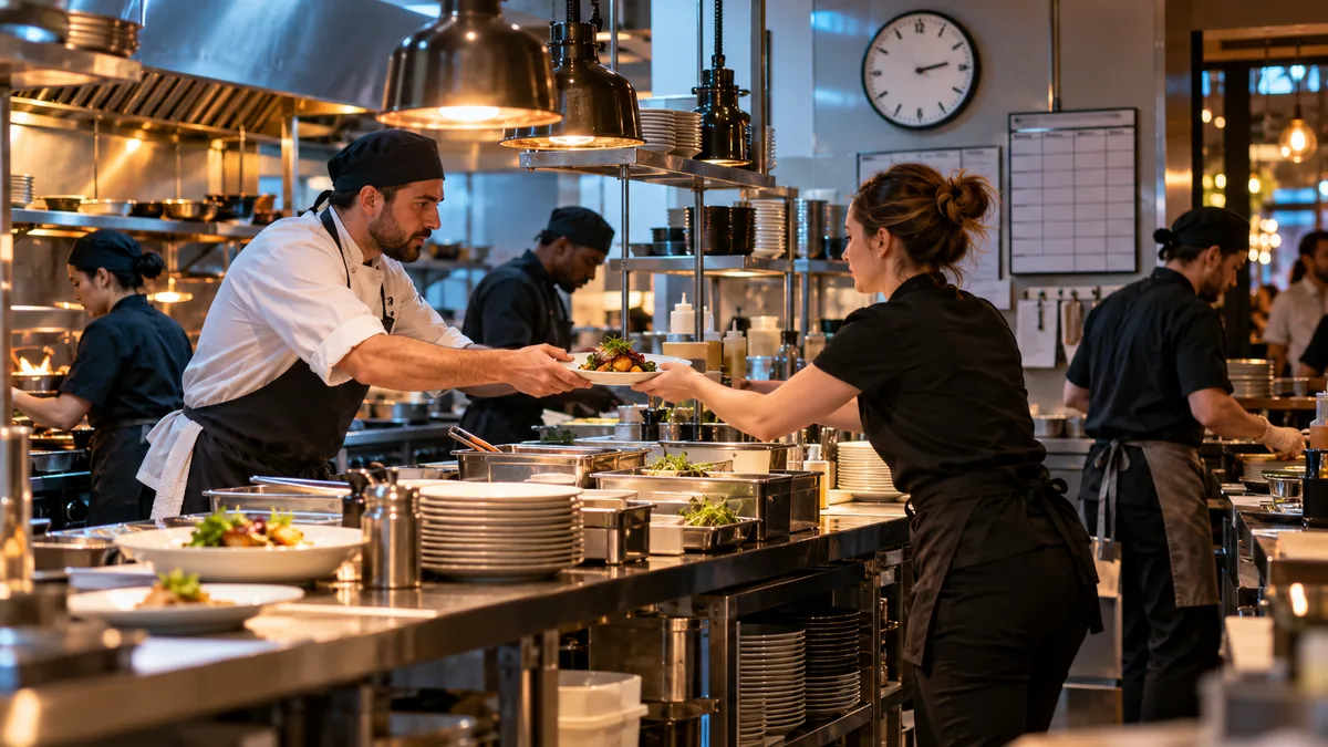 Chef and server coordinate a staffed restaurant shift at the kitchen pass