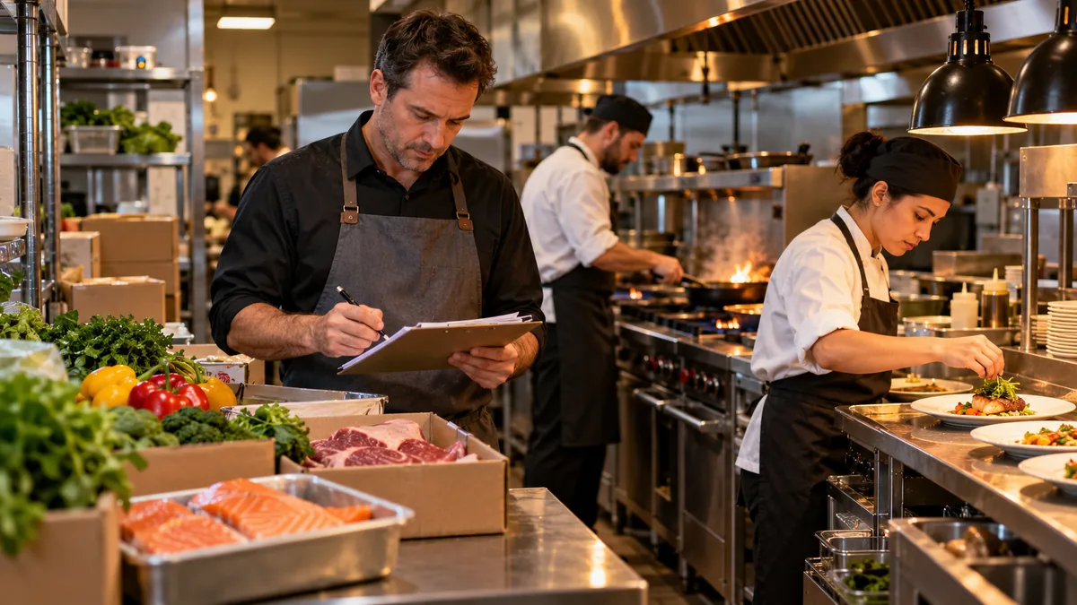 Restaurant manager checks food ingredients while a chef prepares a dish
