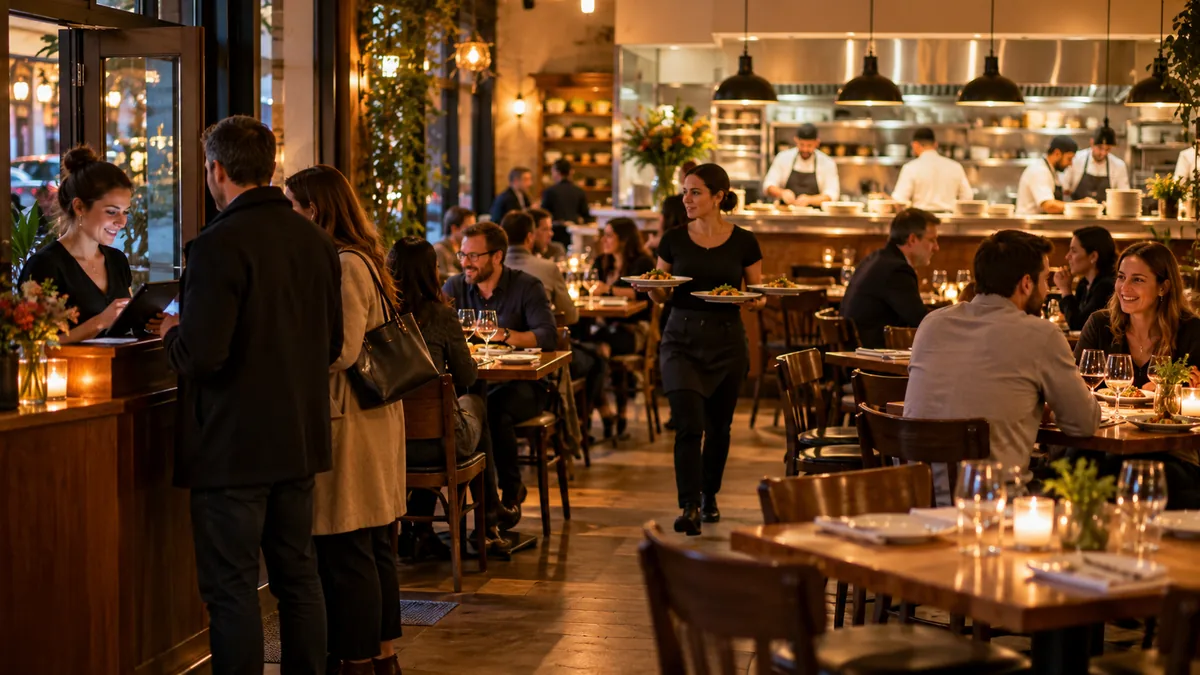 Restaurant dining room with occupied tables and staff serving guests