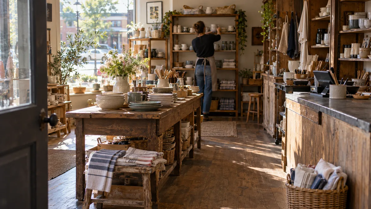Shop owner restocking shelves of ceramics in a small homewares store.