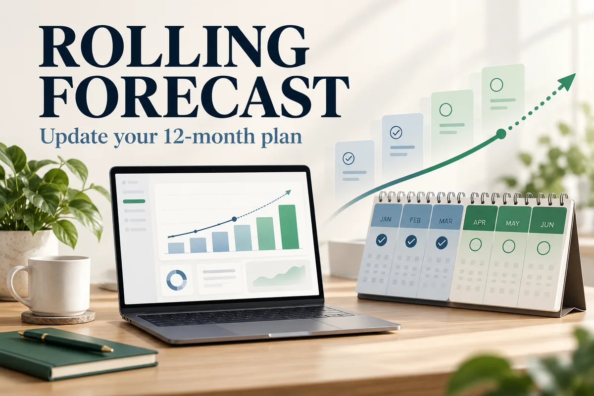 Rolling forecast planning cover with a laptop, completed months and upcoming forecast periods
