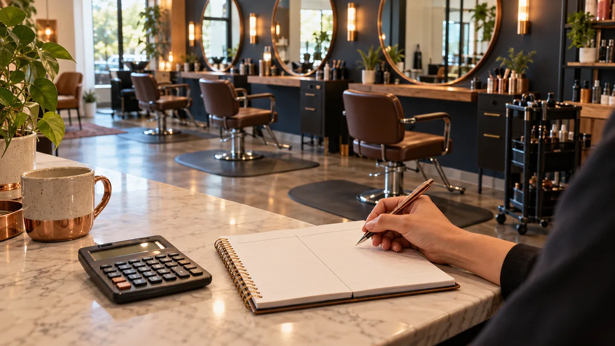 Empty salon chairs beside an owner's notebook and calculator for comparing rental and commission models