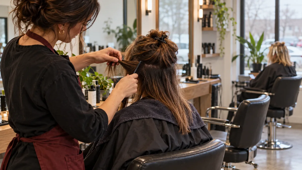 Stylist separating a seated client’s hair in a salon with other appointment chairs behind.