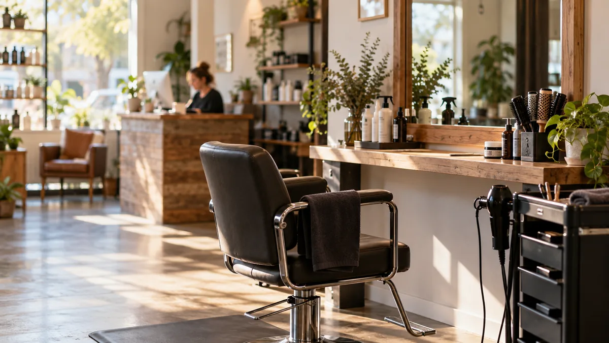 Empty styling chair and prepared tools in a small salon between appointments.