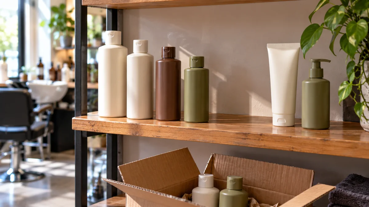Muted haircare bottles on a wooden salon shelf, with additional stock in a carton below.