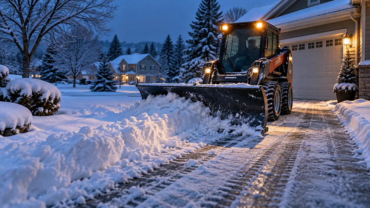 Blue-hour snow-removal machine clearing a suburban driveway with fresh tracks in the foreground.