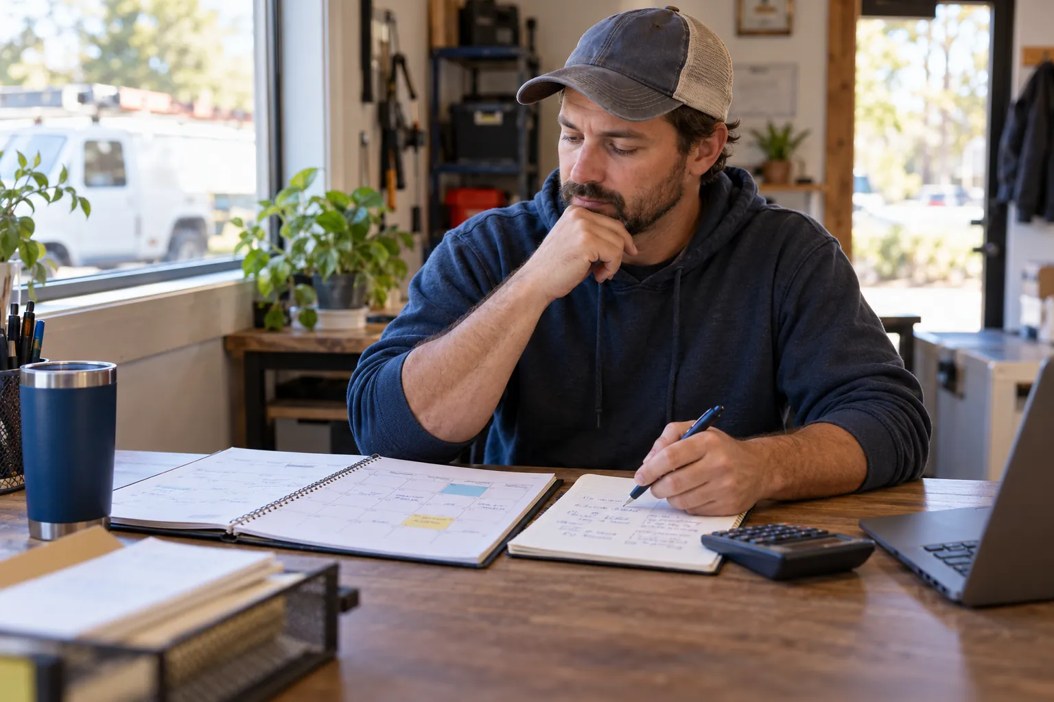 Small business owner reviews service bookings and a handwritten monthly profit plan