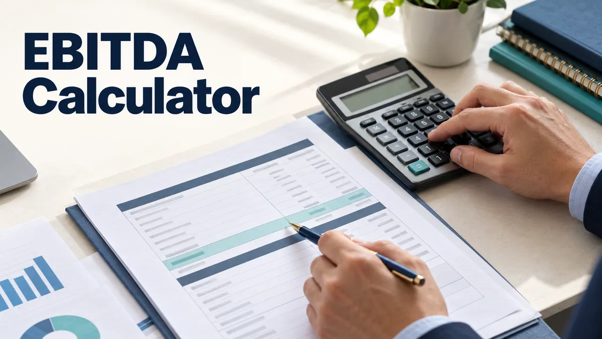 An analyst uses a calculator and highlights an income statement beneath the title EBITDA Calculator