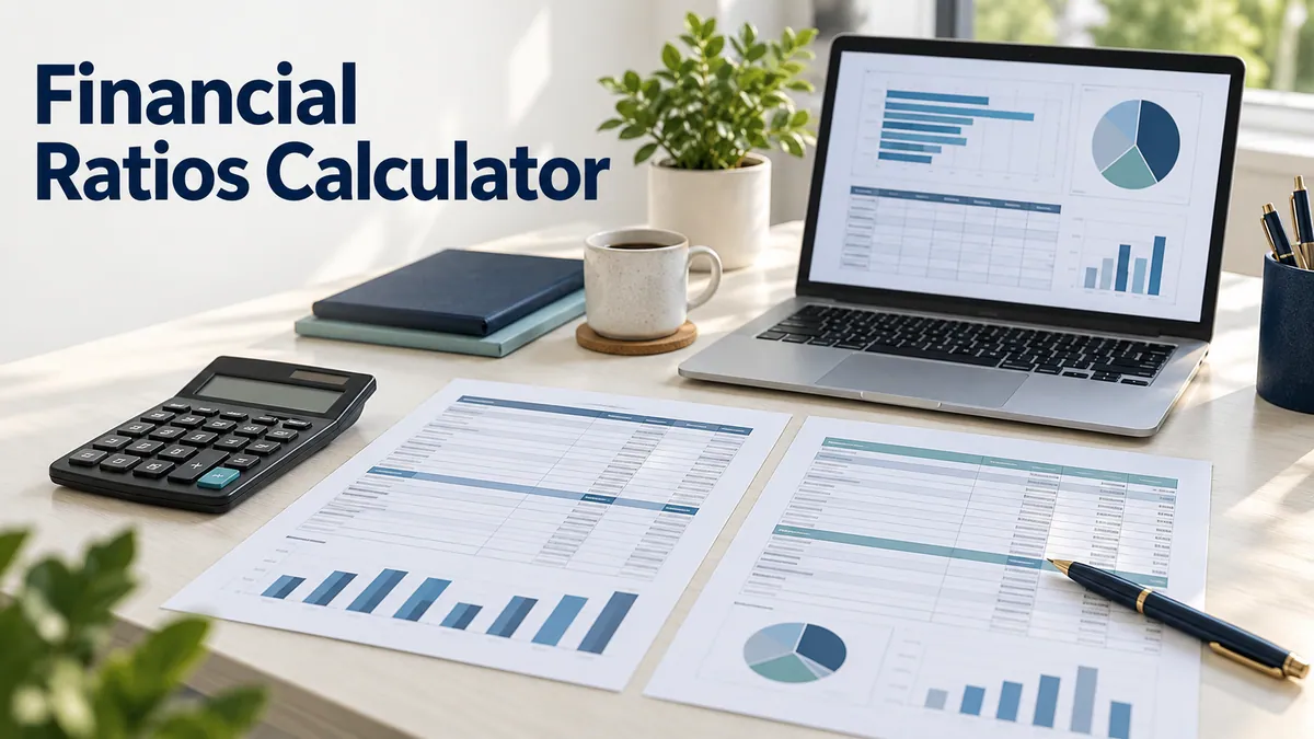A balance sheet and income statement beside a calculator and financial analysis worksheet