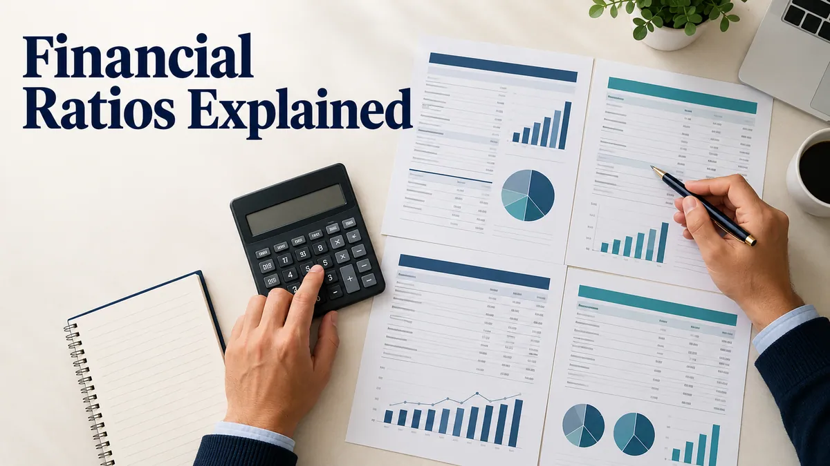 Organized financial analysis statements and an analyst’s pen beneath Financial Ratios Explained