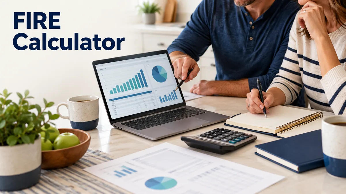 A couple reviews a retirement budget and savings worksheet beneath the title FIRE Calculator