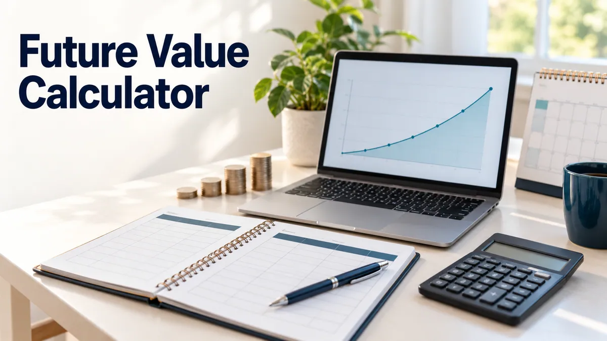 A savings projection, contribution notebook and calendar beneath the title Future Value Calculator