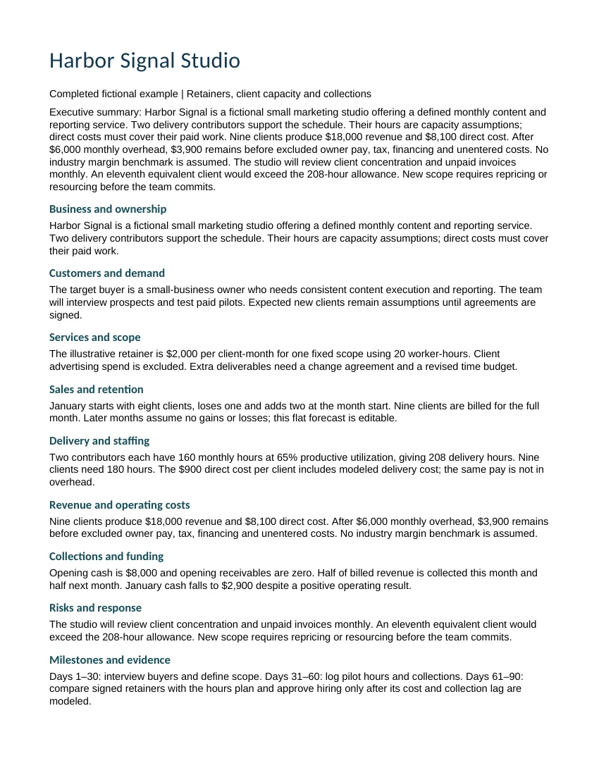 Preview of the completed fictional Harbor Signal Studio business plan included in the Word document