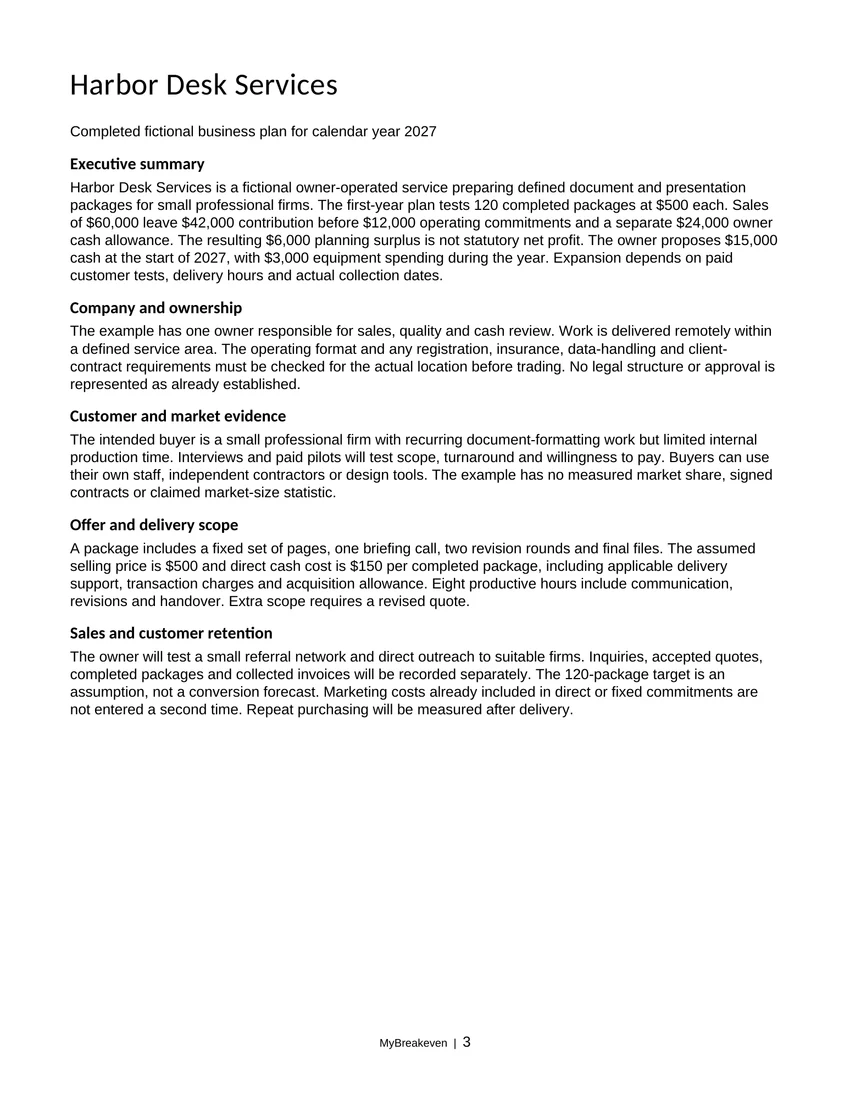 Actual completed detailed Harbor Desk Services plan page from the editable Word download