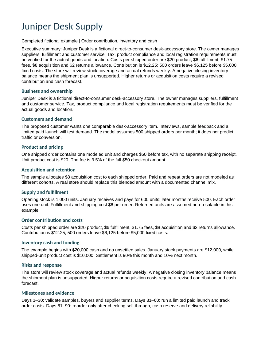 Preview of the completed fictional Juniper Desk Supply business plan included in the Word document