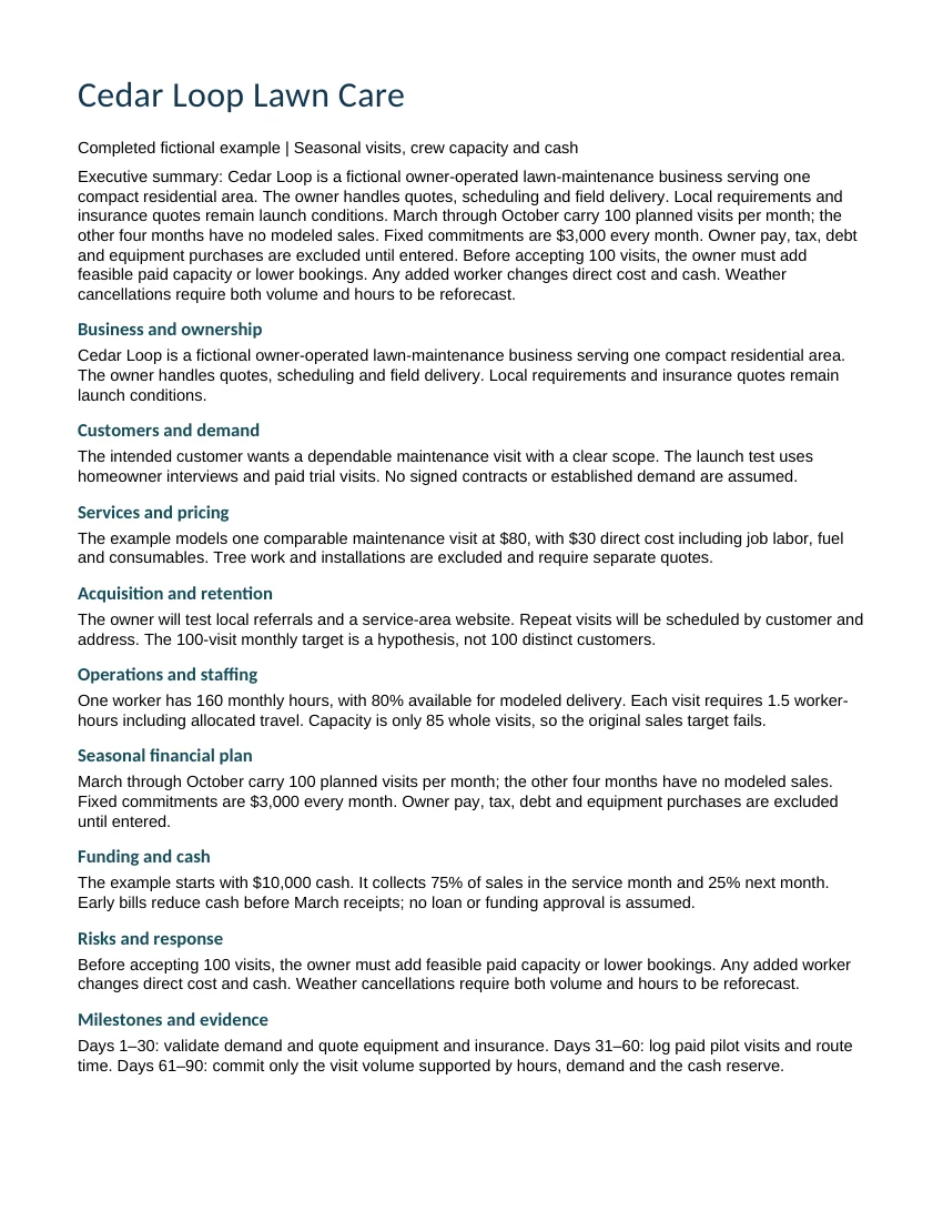 Preview of the completed fictional Cedar Loop Lawn Care business plan included in the Word document