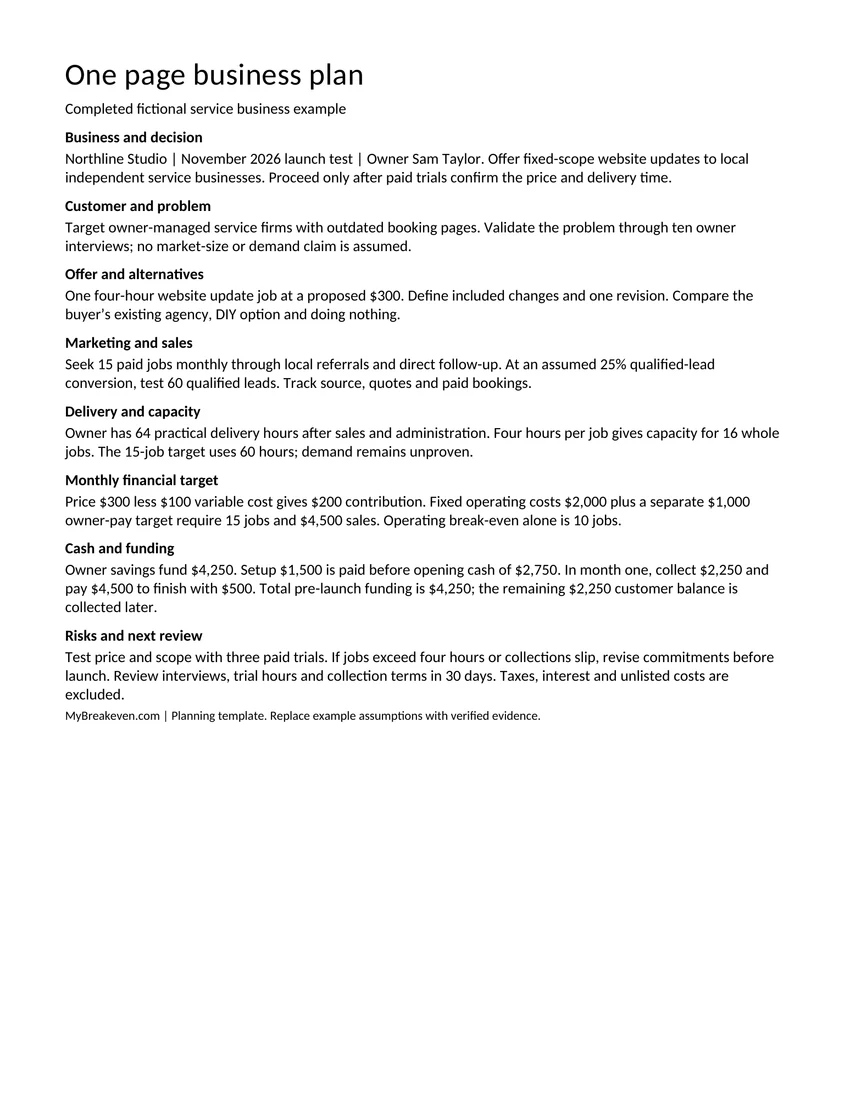 Actual one-page Northline Studio business plan showing eight completed sections