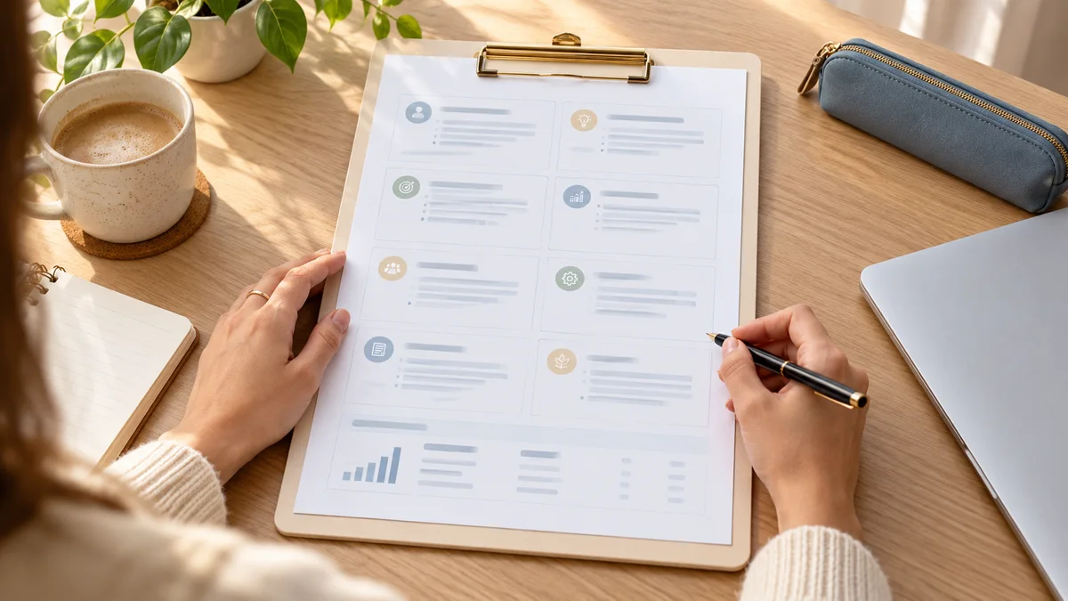 Business owner reviewing a single planning sheet on a clipboard in a bright studio
