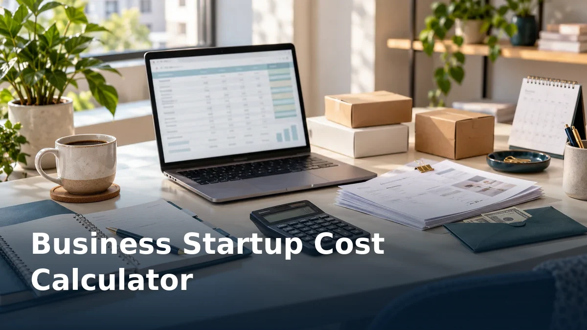 Startup planning desk with a budgeting laptop, calculator, supplier papers, product sample boxes and a cash reserve envelope.