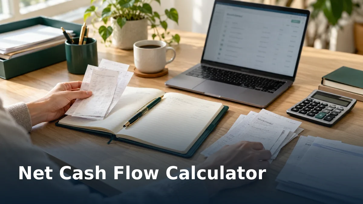 Business owner reconciling receipts and payment records beside a cash ledger, calculator and laptop.