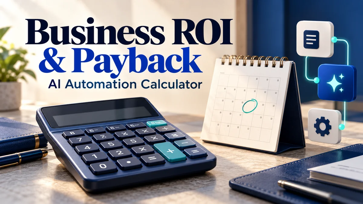 Business ROI and payback cover with a calculator, recovery-date calendar and connected AI workflow tiles.