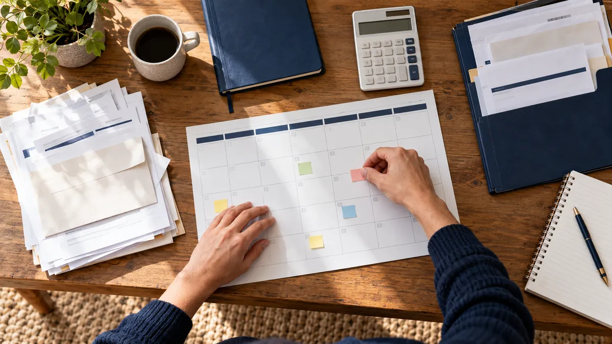 Cash planning desk with a weekly calendar, supplier bills and customer invoice folder