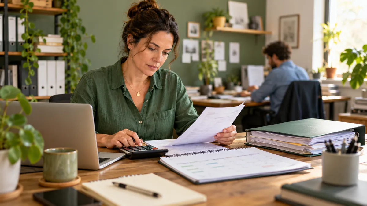 Agency owner reviewing payroll and a staff schedule while a colleague works nearby